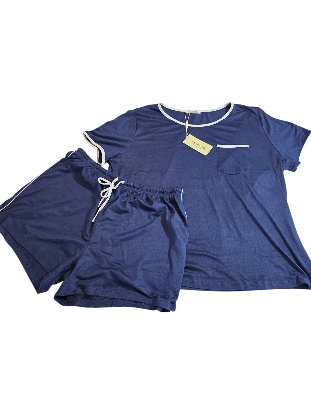 Ekouaer Navy Short Sleeve Pajama Set with Contrast Trim XL NWT